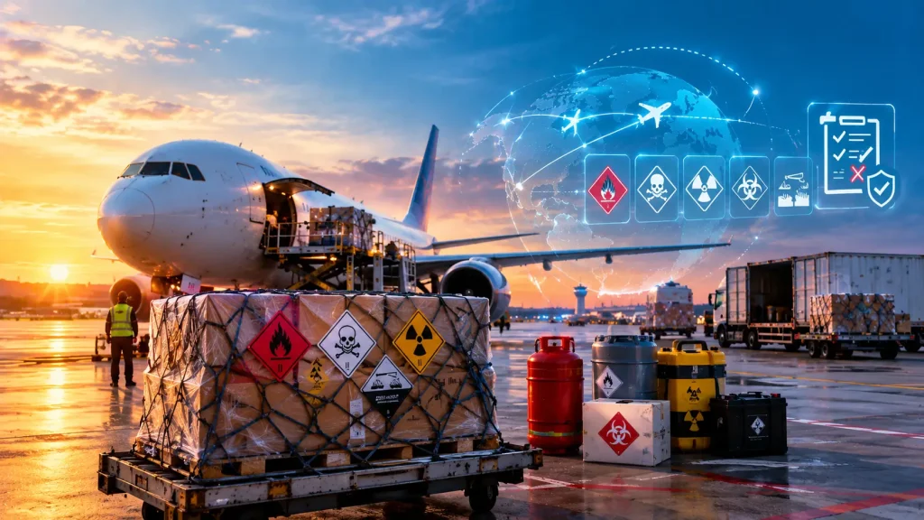 Air cargo shipment with hazardous goods being loaded onto a commercial aircraft at an airport.