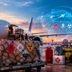 Air cargo shipment with hazardous goods being loaded onto a commercial aircraft at an airport.