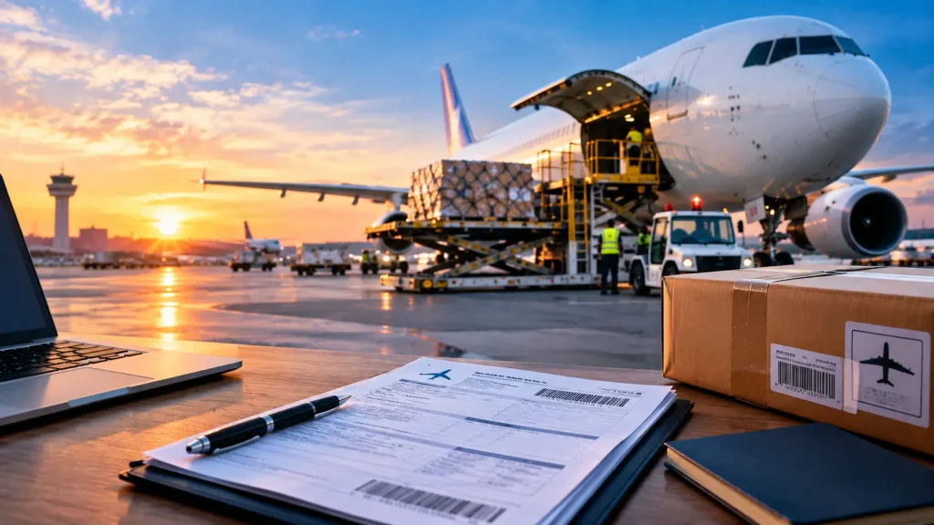 Air waybill shipping documents beside an air cargo package, with a commercial aircraft being loaded at an airport during sunset.