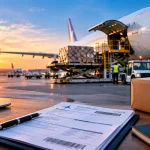 Air waybill shipping documents beside an air cargo package, with a commercial aircraft being loaded at an airport during sunset.